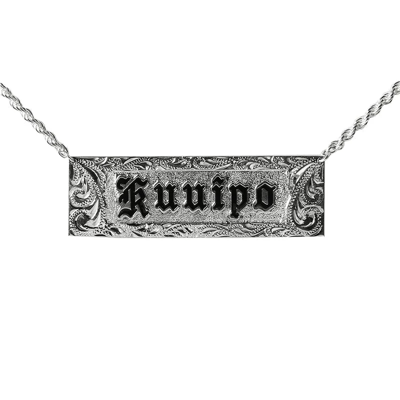 Ladies necklaces for professionals -Sterling Silver Custom-Made ID Necklace Black Raise Letter with Scroll Engraving 20mm