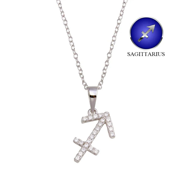 Ladies necklaces chic strands -Silver 925 Rhodium Plated Sagittarius CZ Zodiac Sign Necklace