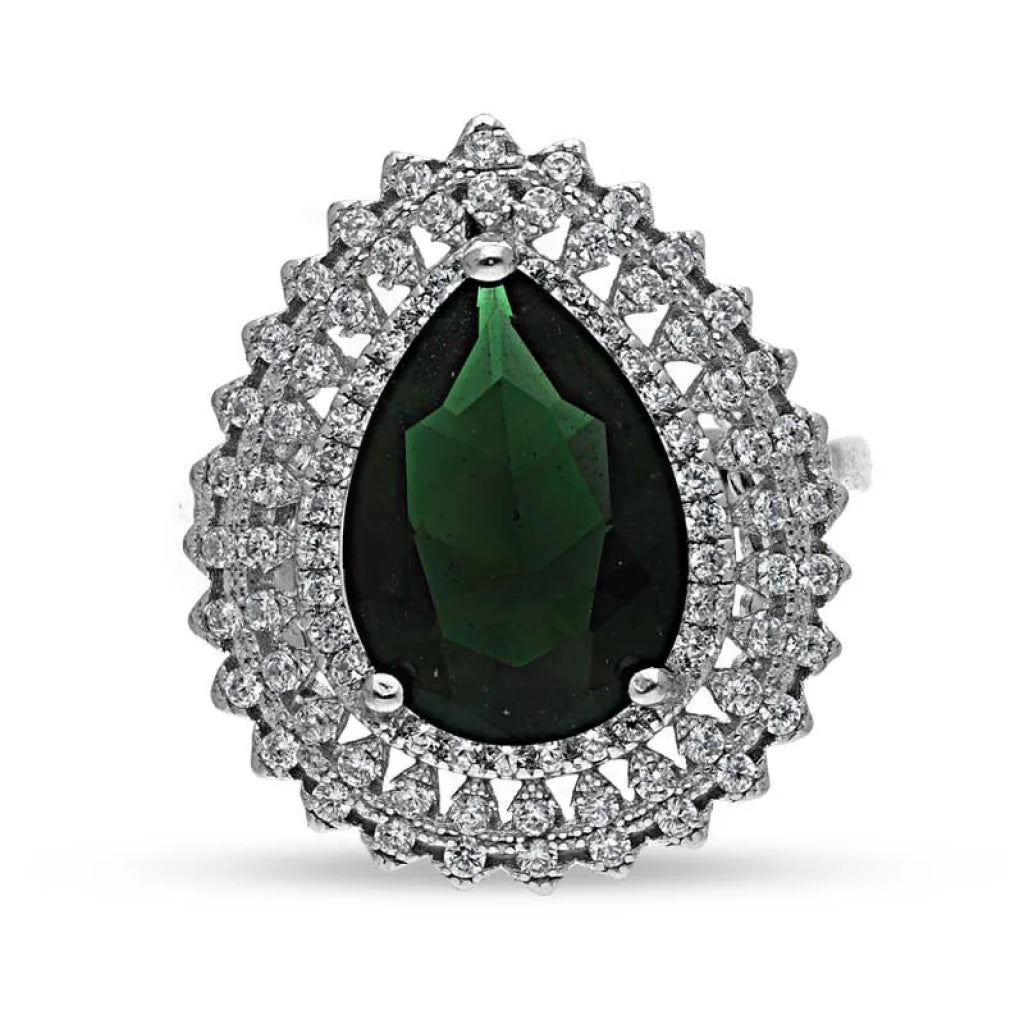 ladies-birthstone-ruby-rings-Sterling Silver 925 Green Pear Shaped Solitaire Ring - FKJRNSL3516