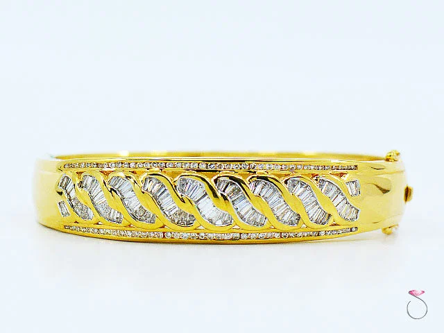 Ladies bracelets curved styles -18K Yellow Gold Diamond Bangle Bracelet, Round & Baguette Diamonds 2.48 ctw.