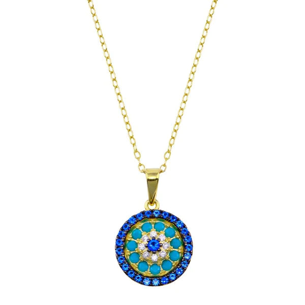 Ladies necklaces for markets -Silver 925 Gold Plated Round Charm Turquoise Blue CZ Necklace