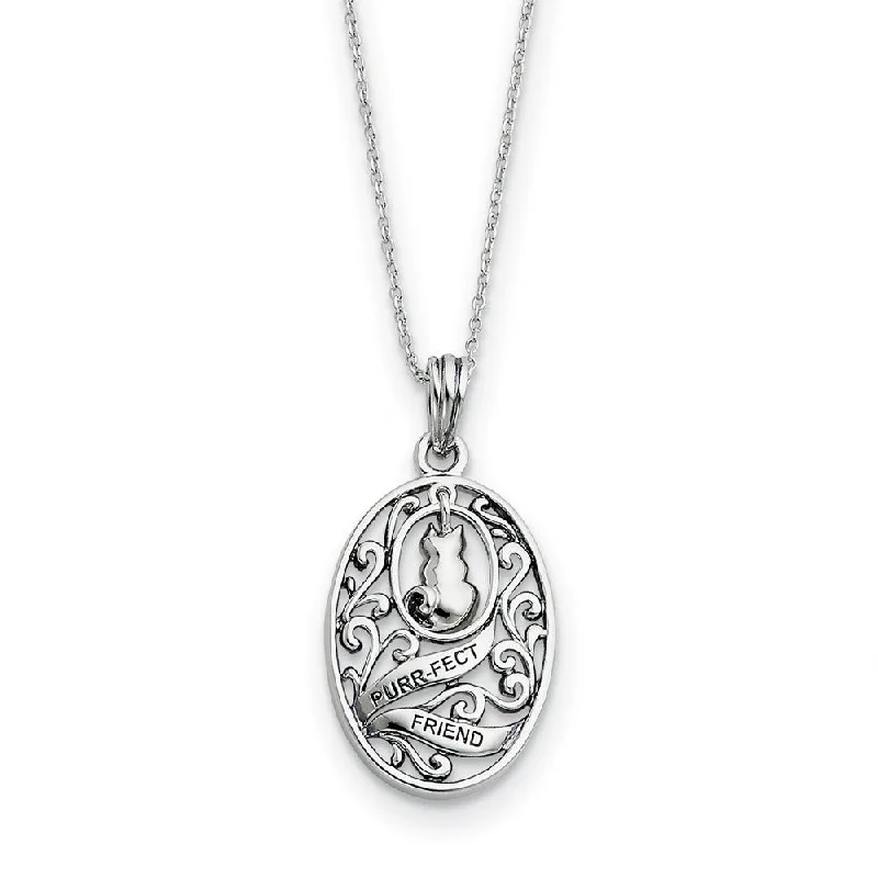 Ladies necklaces for artists -Rhodium Plated Sterling Silver Animal Friends, Oval Cat Necklace