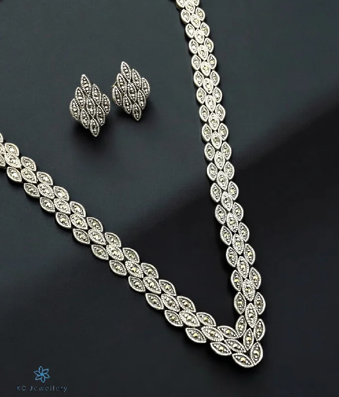 ladies-modern-diamond-earrings-The Kate Silver Marcasite Necklace & Earrings