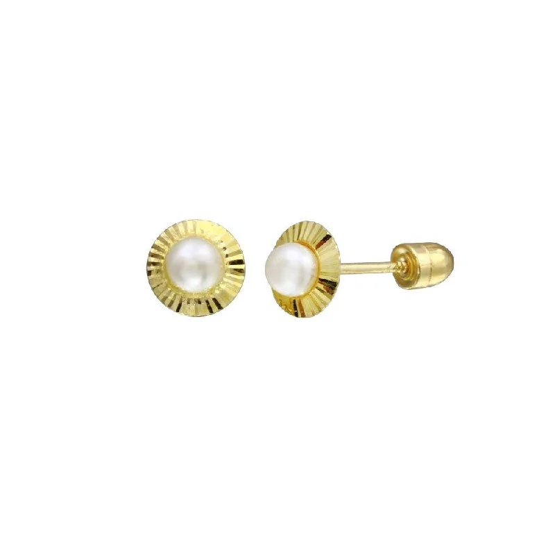 ladies-crystal-gold-earrings-14E00054. - 14 Karat Yellow Gold 2.8mm Pearl Center Diamond Cut Disc Screw Back Stud Earring