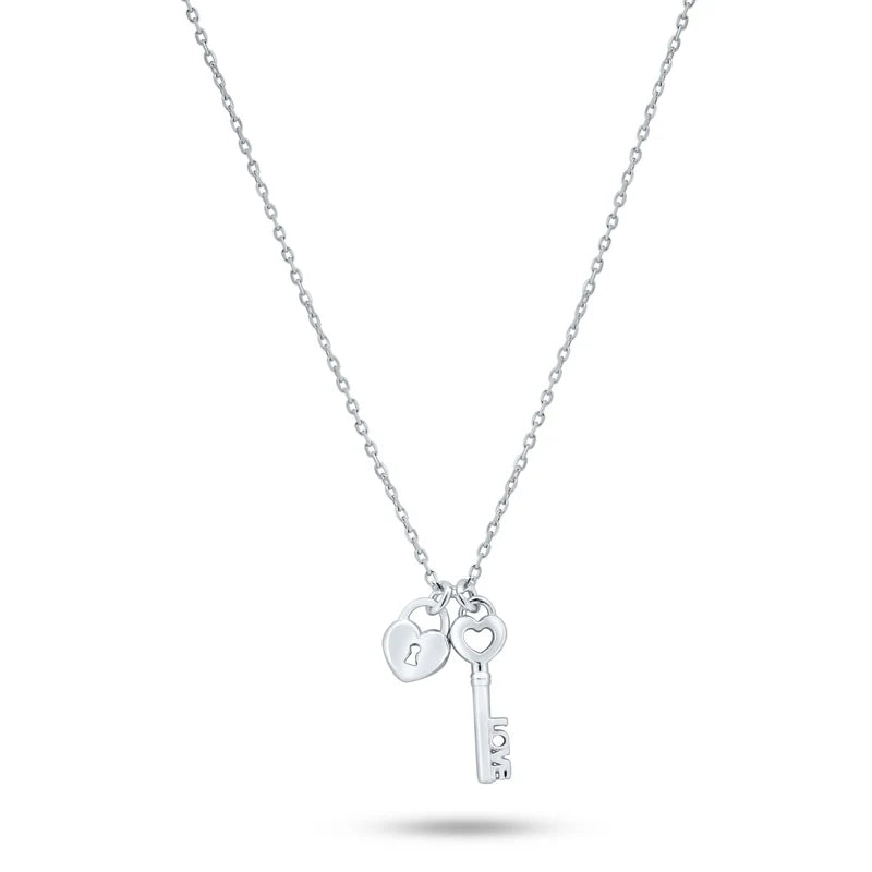 Ladies necklaces for gatherings -Rhodium Plated 925 Sterling Silver Small Love Key and Heart Lock Necklace