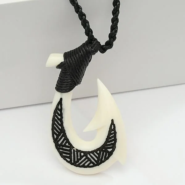 Ladies necklaces for influencers -Cow Bone Fish Hook Necklace w/Black Enamel Carving Black Cord 25x42mm