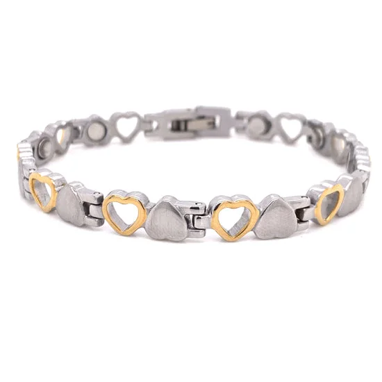 Ladies bracelets with rose charms -18K Gold PVD Stainless Steel Alternating Hearts Magnetic Bracelet / MBL019