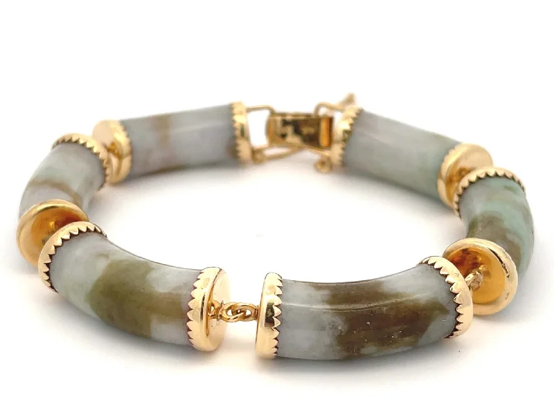 Ladies bracelets legacy pieces -Mings Pale Green and Brown Jade Bracelet in 14K Yellow Gold