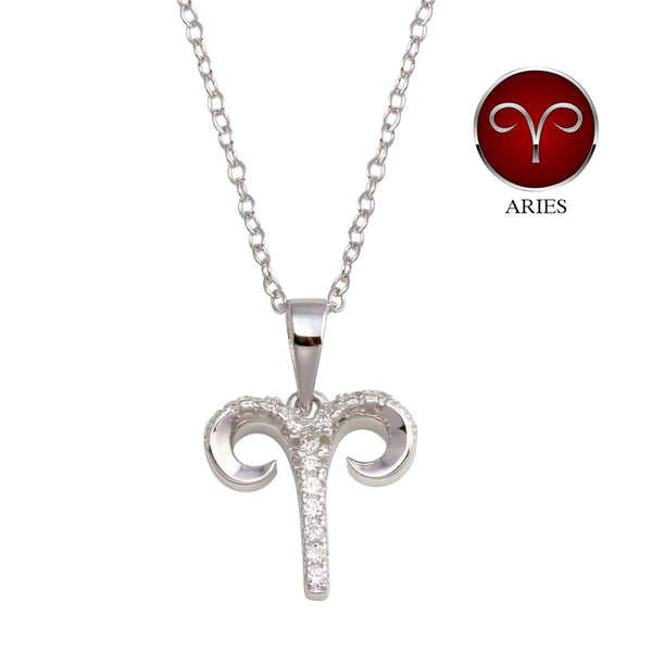 Ladies necklaces for conventions -Silver 925 Rhodium Plated Aries CZ Zodiac Sign Necklace