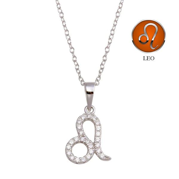 Ladies necklaces with snake pendants -Silver 925 Rhodium Plated Leo CZ Zodiac Sign Necklace