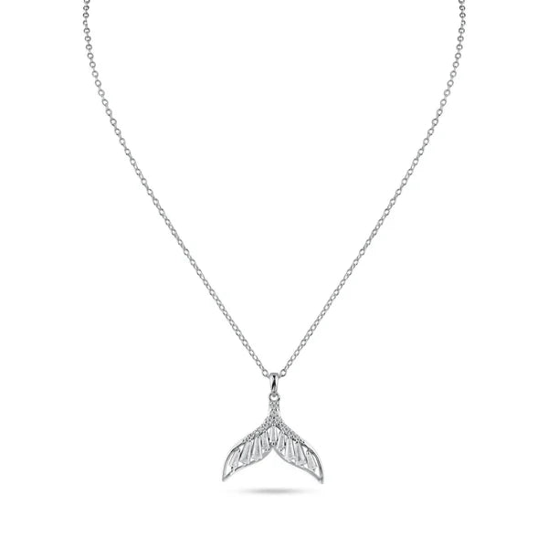 Ladies necklaces artistic strands -Rhodium Plated 925 Sterling Silver Whale Tail Clear Baguette CZ Necklace