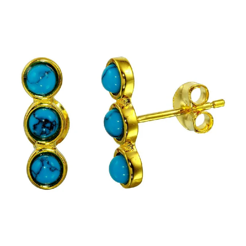 ladies-delicate-dangle-earrings-Gold Plated 925 Sterling Silver 3 Round Turquoise Earrings - BGE00565