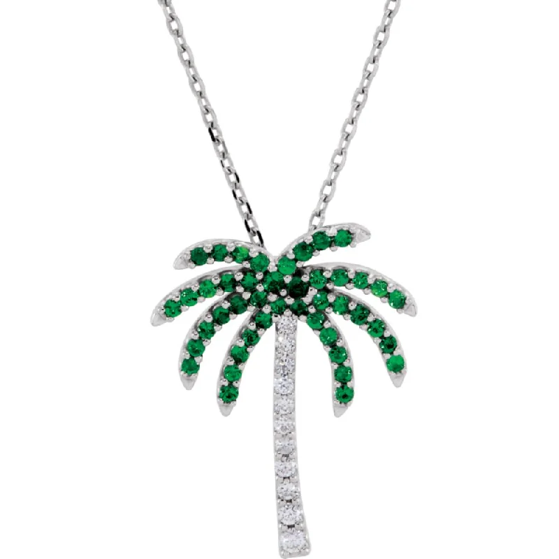 Ladies necklaces bold chains -Tsavorite Garnet & Diamond Palm Tree 14k White Gold Necklace, 18 Inch