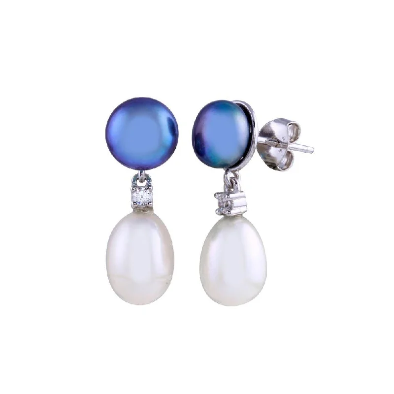 ladies-modern-pearl-earrings-Rhodium Plated 925 Sterling Silver Black and White Pearl Dangling Earring - BGE00671