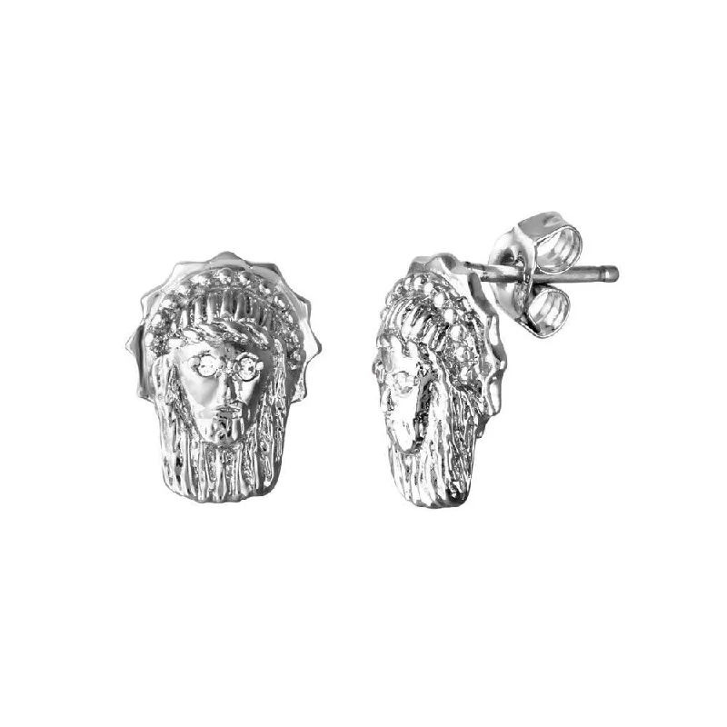 ladies-rustic-diamond-earrings-Final Price-Rhodium Plated 925 Sterling Silver Jesus Face Clear CZ Stud Earring - STEM017