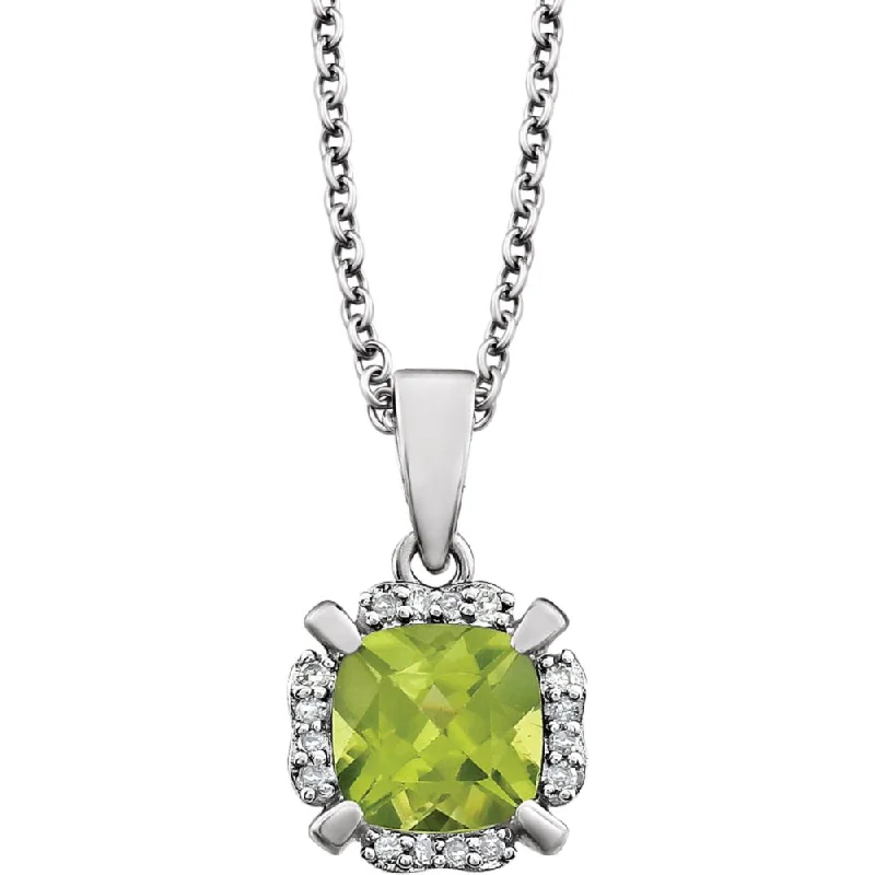 Ladies necklaces with chrysocolla -Cushion Peridot & Diamond Necklace in 14k White Gold, 18 Inch