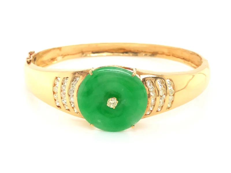 Ladies bracelets for red-carpet events -Green Jadeite Jade and Diamond Hinged Bangle Bracelet in 18k Yellow Gold