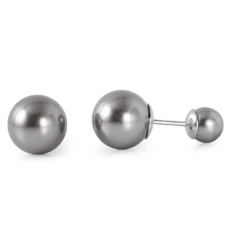 ladies-birthstone-rose-gold-earrings-Silver 925 Rhodium Plated Gray Pearl Front and Back Earrings - STE00980GREY