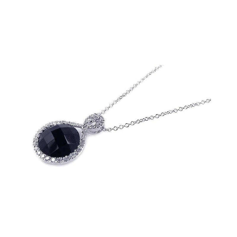 Ladies necklaces for journeys -Silver 925 Rhodium Plated Onyx Circle Pendant Necklace with CZ