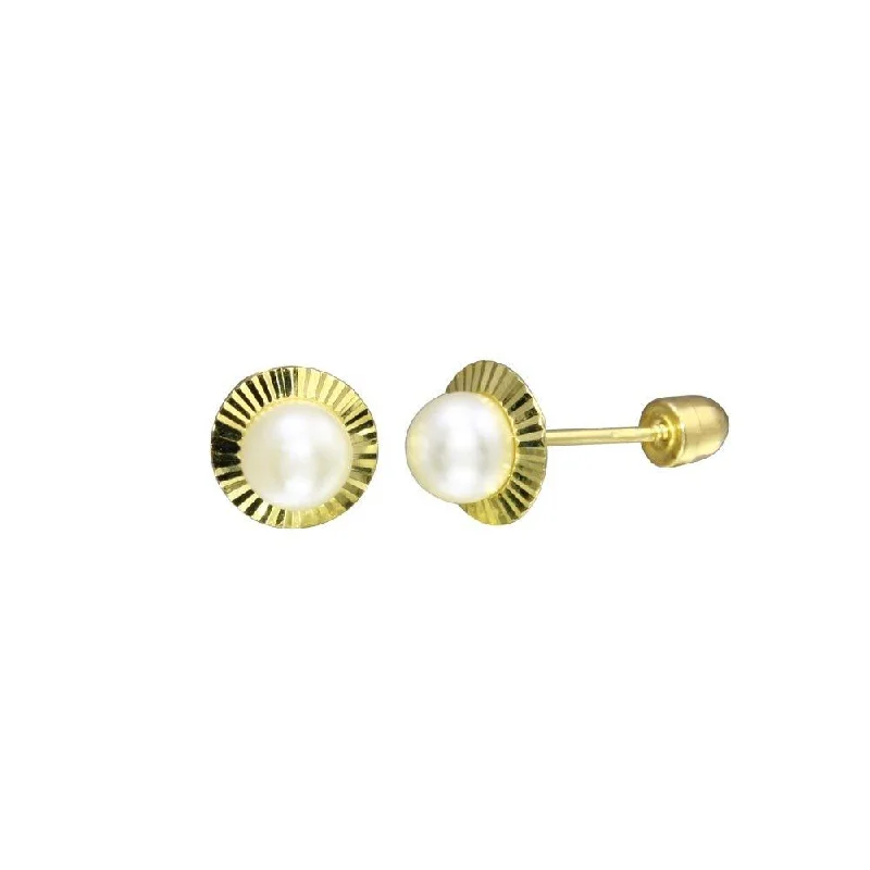 ladies-crystal-silver-earrings-14E00055. - 14 Karat Yellow Gold 4mm Pearl Center Diamond Cut Disc Screw Back Stud Earring