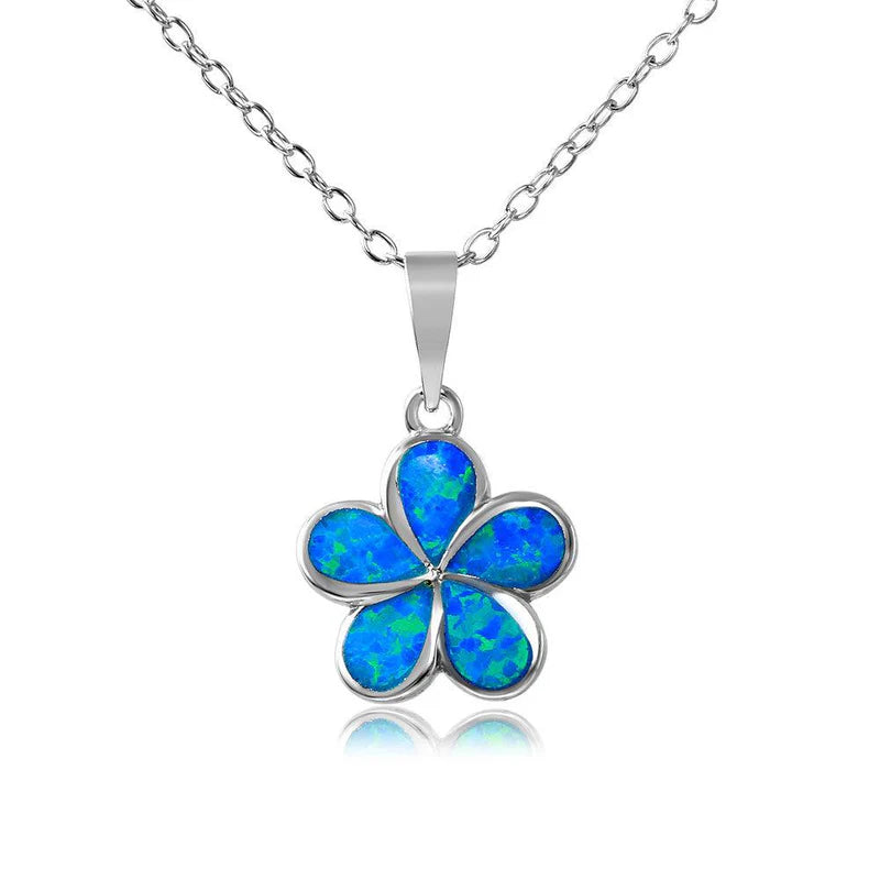 Ladies necklaces elegant strands -Silver 925 Rhodium Plated Blue Opal Stone Hibiscus Flower Necklace