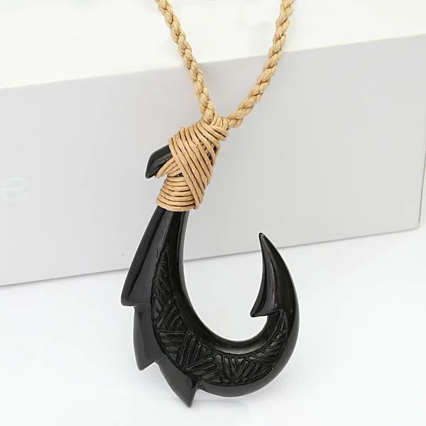 Ladies necklaces with tiger pendants -Black Bone Fish Hook Necklace w/Carving Brown Cord 30x47mm