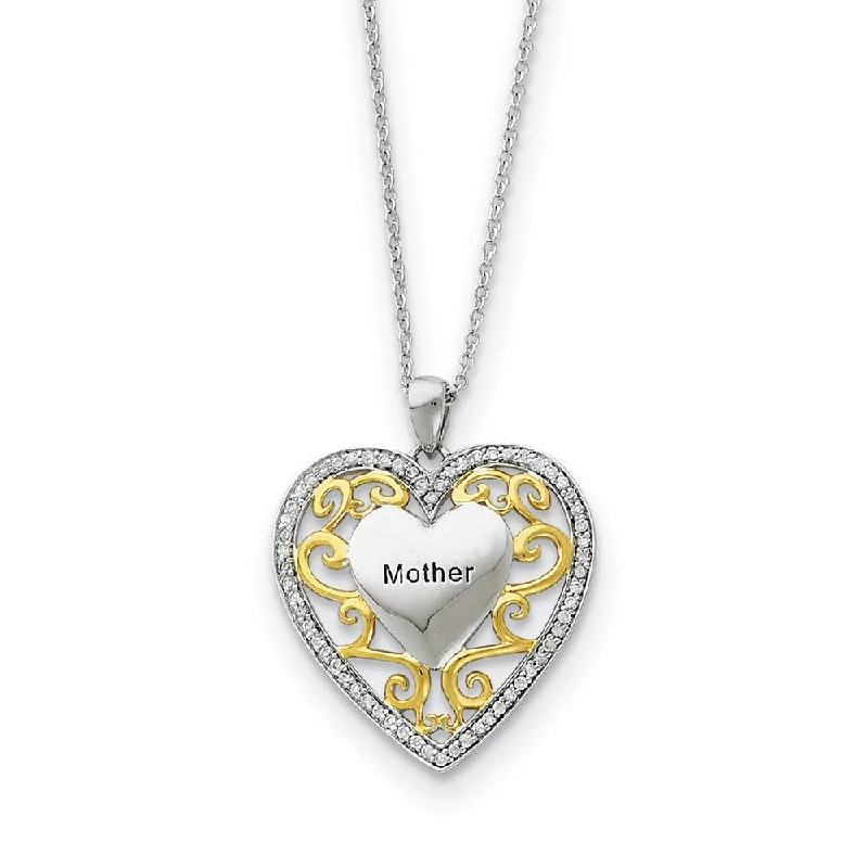 Ladies necklaces slim chains -Rhodium & Gold Tone Plated Silver & CZ Mother Heart Necklace, 18 Inch