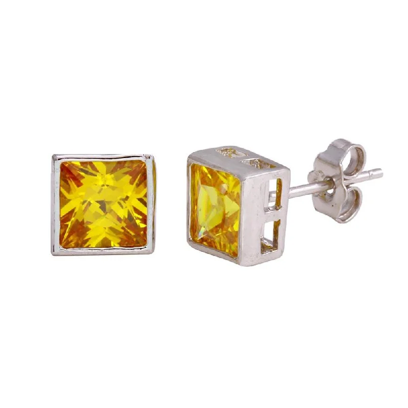 ladies-vintage-drop-earrings-Final Price-Rhodium Plated 925 Sterling Silver Square Yellow CZ Stud Earring - STEM151-9MM