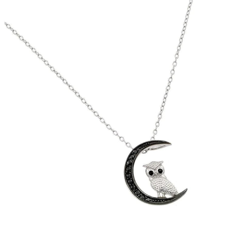 Ladies necklaces for trips -Silver 925 Black Rhodium Plated Moon and Owl Pendant Necklace