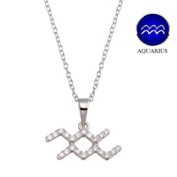 Ladies necklaces for seminars -Silver 925 Rhodium Plated Aquarius CZ Zodiac Sign Necklace