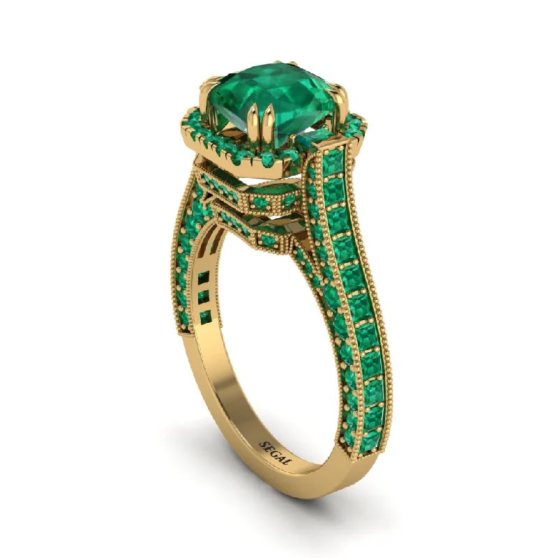 engagement-unique-sapphire-ring-Emerald Three Halo Milgrain Engagement Ring - Mira No. 19