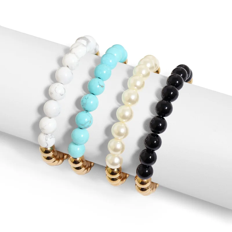 Ladies bracelets with halo charms -18K Gold PVD Stainless Steel Semi Precious Beaded Stretch Bracelets / SBB0355