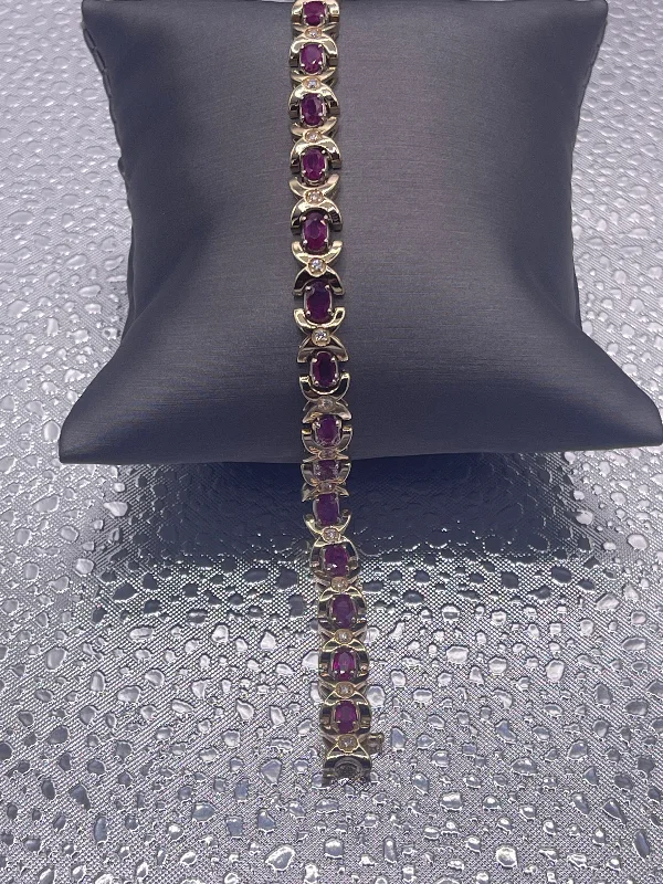 Ladies bracelets cute strands -Ladies 14 Karat Gold X&O Ruby and Diamond Bracelet