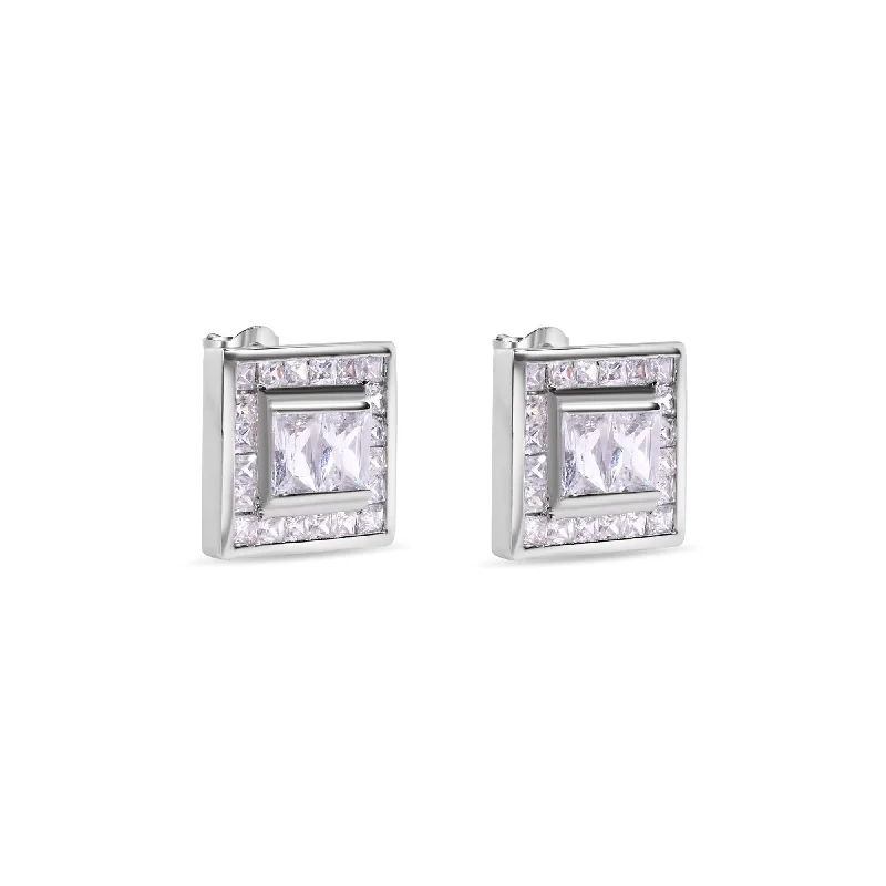 ladies-fashion-silver-earrings-Final Price-Rhodium Plated 925 Sterling Silver Square Clear CZ Stud Earring - STEM108