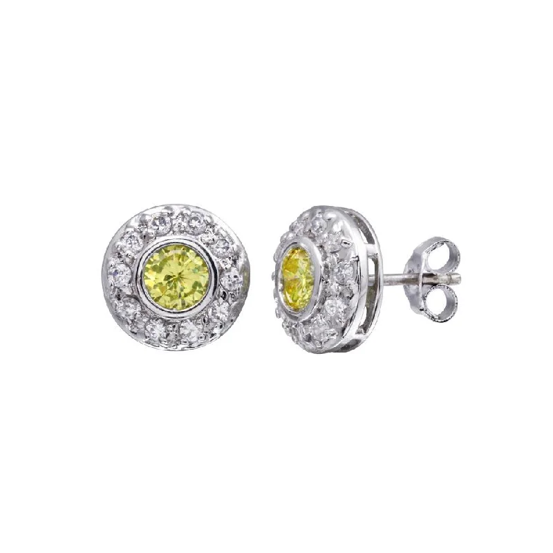 ladies-trendy-gold-earrings-Final Price-Rhodium Plated 925 Sterling Silver Round Halo Yellow and Clear CZ Stud Earring - STEM057