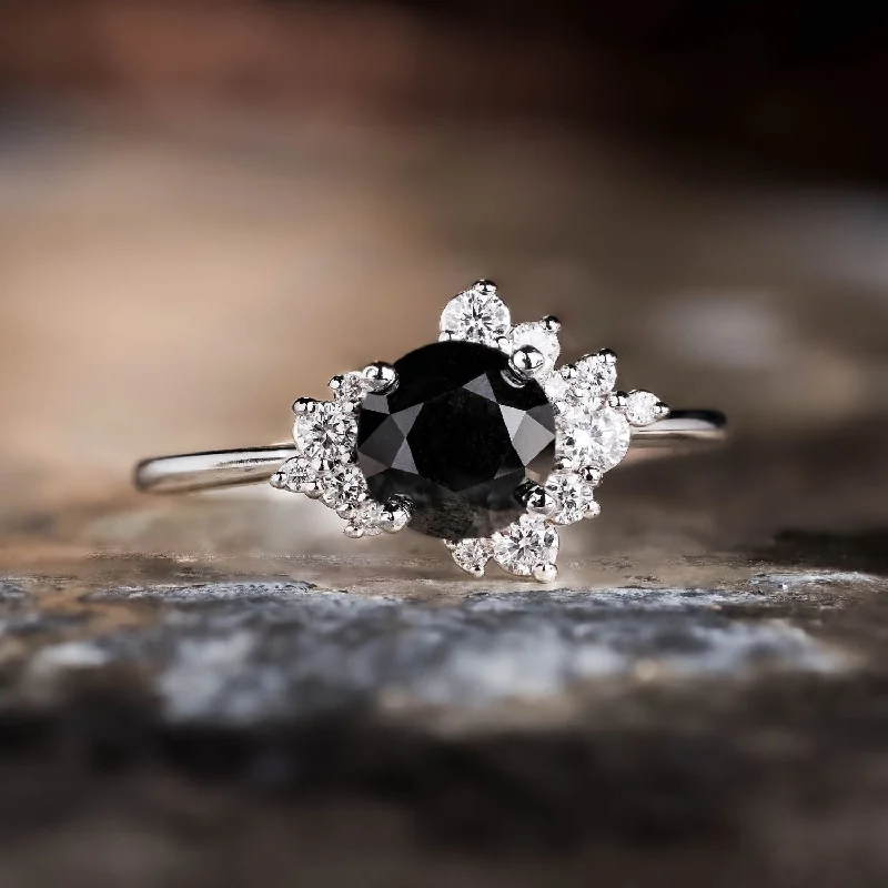 engagement-luxury-pearl-ring-The Nova - Celestial Natural Black Diamond Engagement Ring with Diamond Cluster Accents