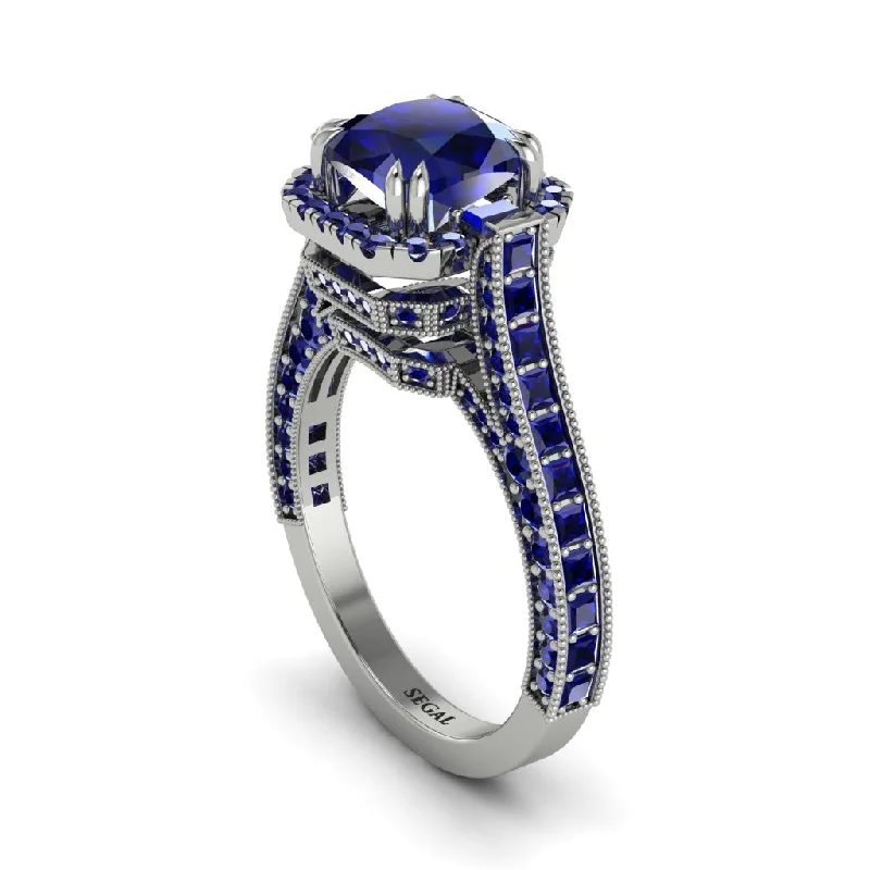 engagement-radiant-cut-diamond-ring-Sapphire Three Halo Milgrain Engagement Ring - Mira No. 75