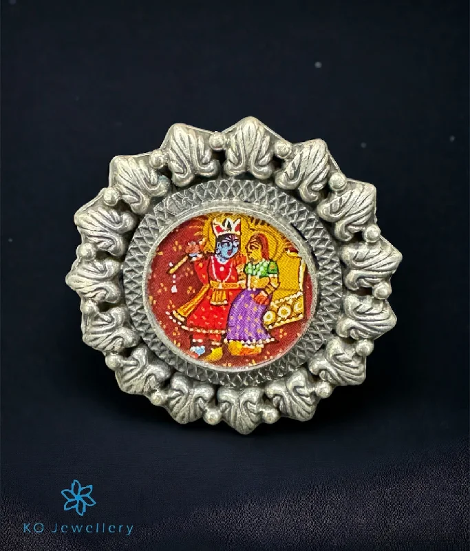 ladies-ruby-halo-rings-The Radha-Krishna Handpainted Silver Statement Open Finger Ring