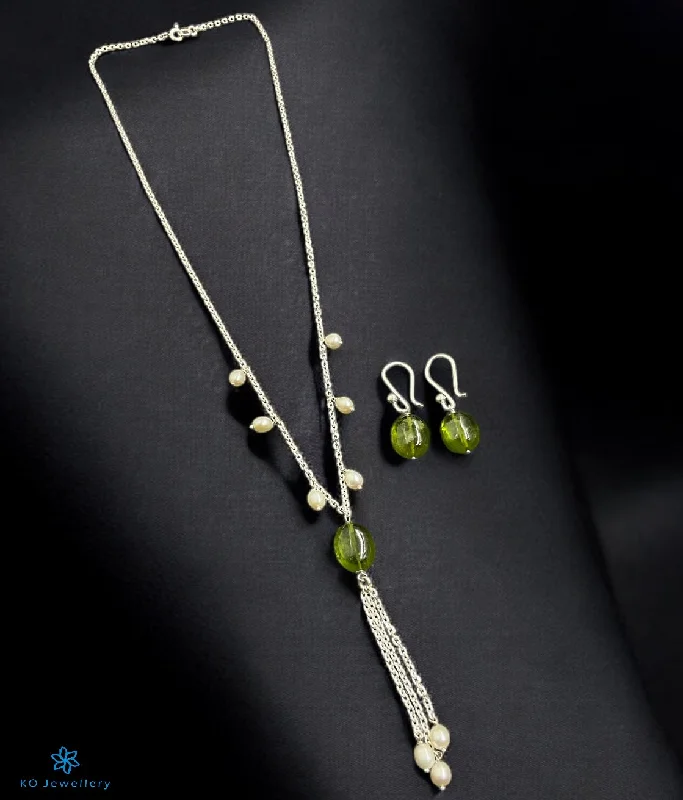 ladies-gemstone-charm-earrings-The Idaya Lariat Silver Pearl & Gemstone Necklace/ Earrings