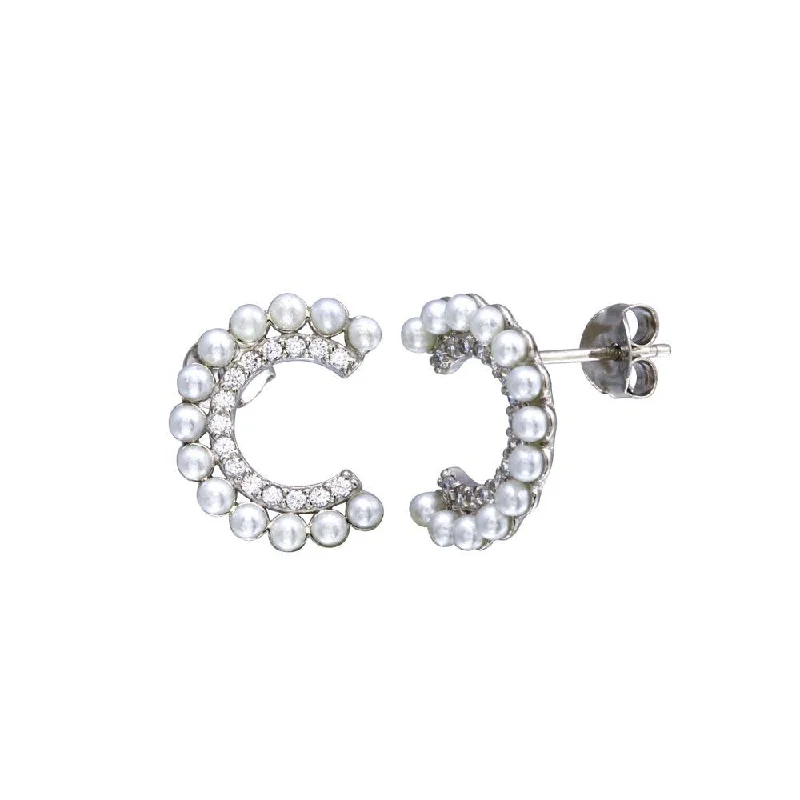 ladies-silver-flower-earrings-Rhodium Plated 925 Sterling Silver Crescent Pearl CZ Earring - BGE00683