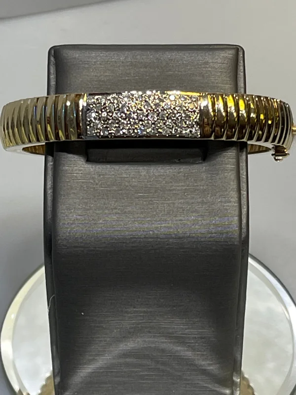 Ladies bracelets funky cuffs -14KT Y/G Fluted Bangle With Diamond Pave Center Bracelet