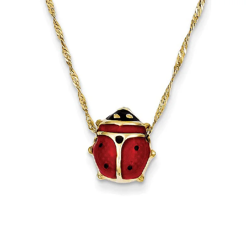 Ladies necklaces with coral -10mm 3D Ladybug 16 Inch Necklace in 14k Yellow Gold and Enamel