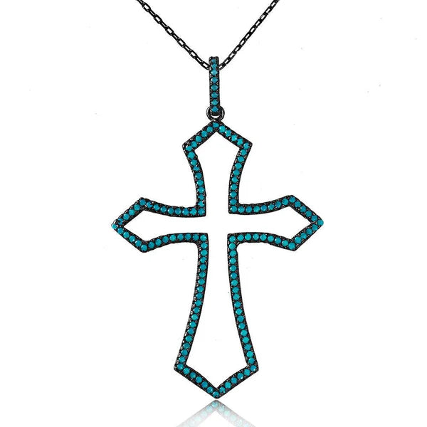 Ladies necklaces fancy strands -Silver 925 Black Rhodium Open Cross Necklace with Synthetic Turquoise Stone