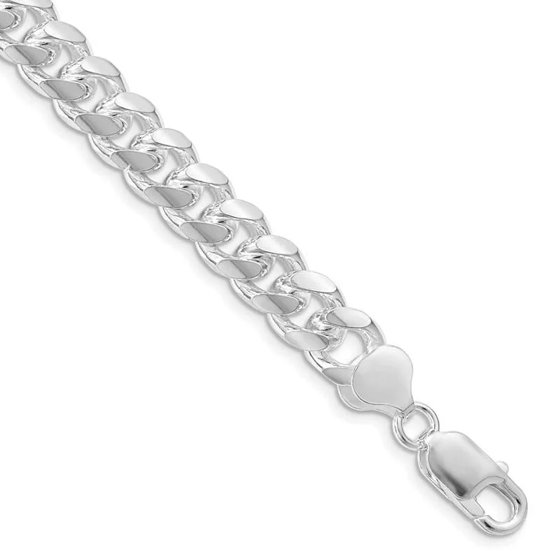 Ladies bracelets with trunk charms -Sterling Silver Rhodium-plated 8.5mm Domed w/ Side D/C Curb Chain Bracelet