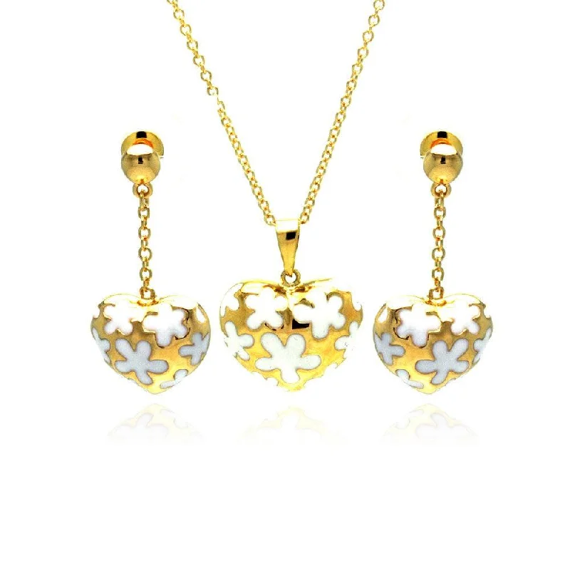 ladies-gemstone-dangle-earrings-Clearance-Silver 925 Gold Plated White Enamel Flower Heart CZ Dangling Stud Earring and Necklace Set - BGS00139