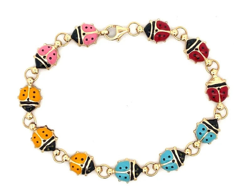 Ladies bracelets for makers -Colorful Enamel Ladybug Bracelet in 14k Yellow Gold