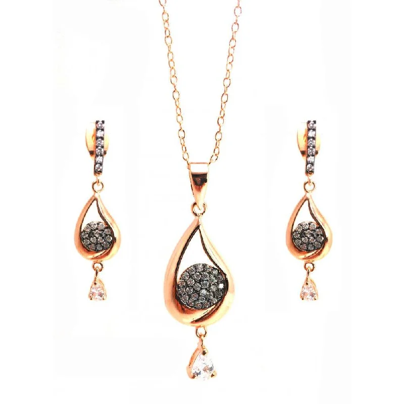 ladies-tassel-silver-earrings-Clearance-Silver 925 Black Rhodium and Gold Plated Clear Open Teardrop CZ Dangling Stud Earring and Dangling Necklace Set - BGS00302