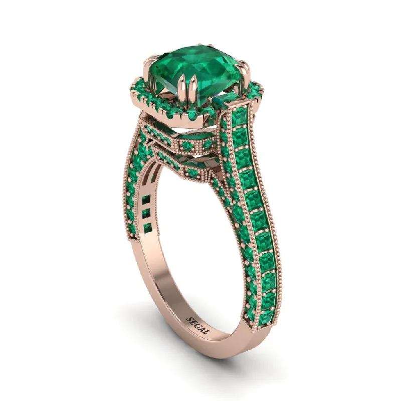 engagement-custom-pearl-ring-Emerald Three Halo Milgrain Engagement Ring - Mira No. 20