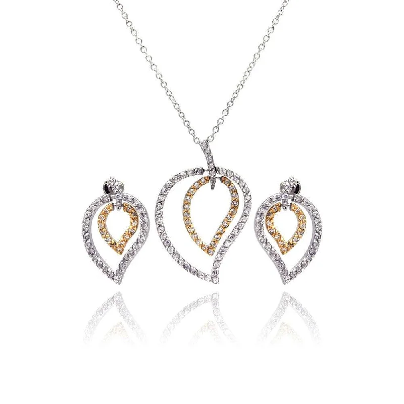 ladies-affordable-gold-earrings-Clearance-Silver 925 Rhodium and Gold Plated Clear Open Leaf CZ Stud Earring and Dangling Necklace Set - BGS00050