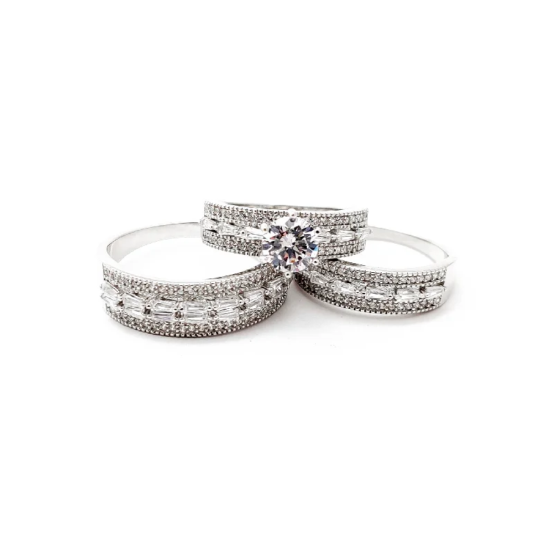 engagement-unique-platinum-ring-Three Piece Set Baguettes & Round CZ Engagement Ring (Silver)